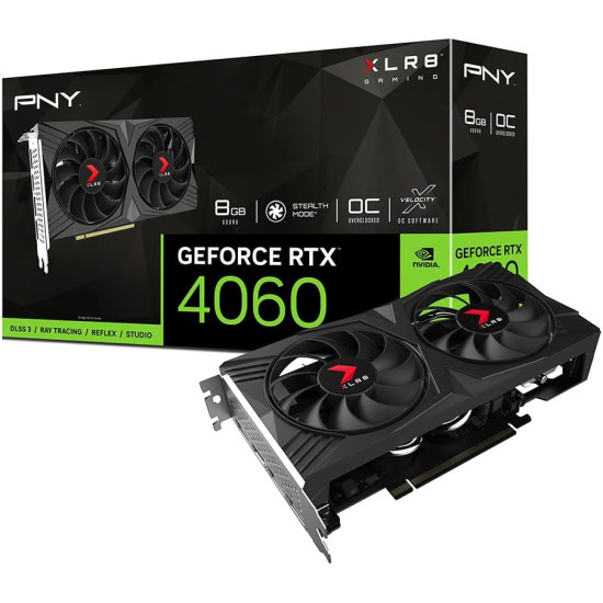 PNY GeForce RTX™ 4060 8GB XLR8 Gaming Verto Dual Fan OC Graphics Card DLSS 3 PNY GeForce RTX™ 4060 8GB XLR8 Gaming Verto Dual Fan OC Graphics Card DLSS 3